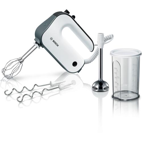 Mixer de mana Bosch MFQ49700, 850 W, 5 trepte de putere, functie turbo, Vas gradat , picior blender cu cutit cu 4 lame din otel inoxidabil, Alb