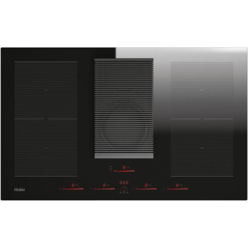 Plita incorporabila cu hota inclusa Haier HAIH8IFMCE, Inductie (tip hota: evacuare), Clasa A, 4 zone de gatit, Double Bridge Zone, Control tactil multislider, Indicator de caldura reziduala, Timmer, Booster, Incalzire automata, Keep warm, 80 cm (Negru)