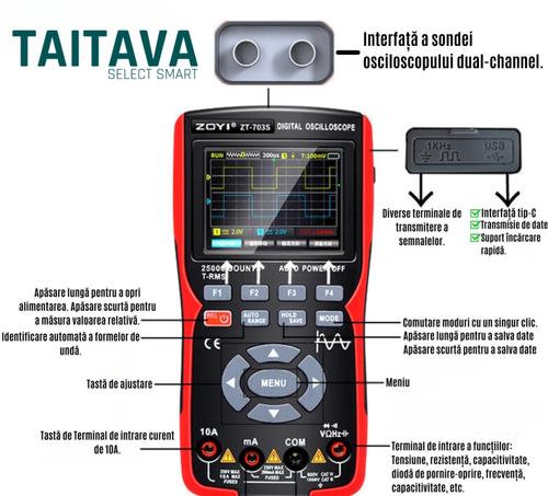 Osciloscop Multimetru digital inteligent, Portabil, Reincarcabil, Baterie Li-Ion, Type-C, CAT 2,0.01Hz-999.9kHz, 2.8-Inch Ecran TFT Color, TAITAVA ZT-702S (Rosu) 1 Osciloscop Multimetru digital inteligent, Portabil, Reincarcabil, Baterie Li-Ion, Type-C, CAT 2,0.01Hz-999.9kHz, 2.8-Inch Ecran TFT Color, TAITAVA ZT-702S (Rosu)