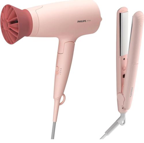 Set de coafat Philips BHP398/00, 1600W, accesoriu Thermo Protect, 3 setari de viteza/temperatura, cap de coafare 14 mm, placi cu infuzie de cheratina (Roz) 1 Set de coafat Philips BHP398/00, 1600W, accesoriu Thermo Protect, 3 setari de viteza/temperatura, cap de coafare 14 mm, placi cu infuzie de cheratina (Roz)