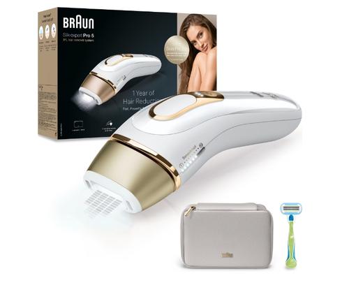 Epilator IPL Braun Silk-expert PRO 5 PL5052 Senzor automat & continuu Skin pro 2.0, 400.000 impulsuri, 10 niveluri de intensitate, 125 de impulsuri pe minut, Trusa de voiaj, Aparat de ras Venus (Alb/Auriu)
