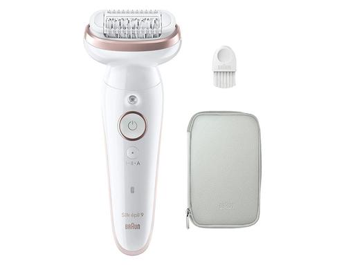 Epilator Braun Silk-epil 9 9-000 Wet & Dry, MicroGrip, Smart Light, 2 viteze, 40 pensete, Geanta de voiaj (Alb/Roz)