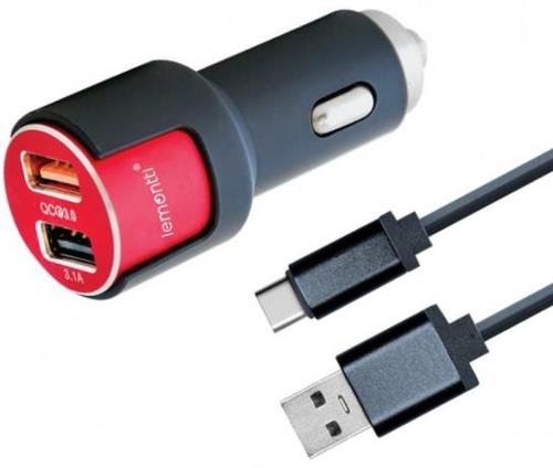 Incarcator Auto Lemontti LIAQ3TCNR3A, 3.1A, 2 x USB, Qualcomm 3.0, cablu Type-C (Negru/Rosu) 1 Incarcator Auto Lemontti LIAQ3TCNR3A, 3.1A, 2 x USB, Qualcomm 3.0, cablu Type-C (Negru/Rosu)