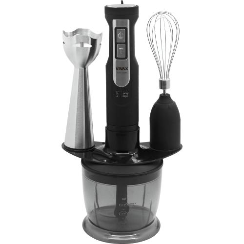 Set blender 3 in 1 Vivax HBS-500X, 500W, 0.6l, 2 viteze, Turbo, lama otel inoxidabil, maner detasabil, tel, suport accesorii (Negru/Argintiu)