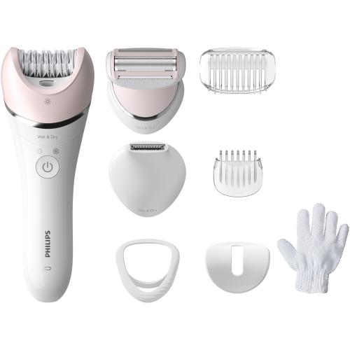 Epilator umed si uscat Philips Seria 8000 BRE721/00, 8 accesorii, 32 pensete, utilizare fara fir, 2 setari viteza, opti-light, discuri ceramice, Alb/Argintiu