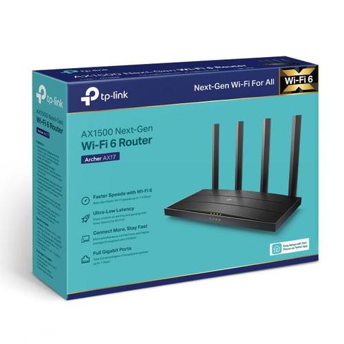 Router Wireless TP-Link ARCHER AX17, Gigabit, Dual-Band, Wi-Fi 6, AX1500, 4 antene externe (Negru) 1 Router Wireless TP-Link ARCHER AX17, Gigabit, Dual-Band, Wi-Fi 6, AX1500, 4 antene externe (Negru)