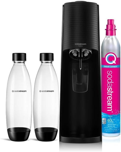 Set dozator de apa cu 2 sticle de apa SodaStream Terra, 1 l, Aluminiu/Sticla (Transparent/Negru) 1 Set dozator de apa cu 2 sticle de apa SodaStream Terra, 1 l, Aluminiu/Sticla (Transparent/Negru)
