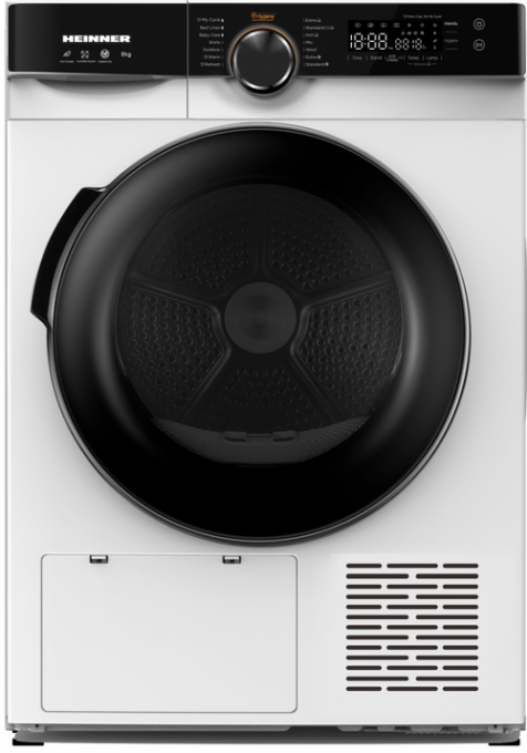 Uscator de rufe cu pompa de caldura Heinner HHPD-M8K3A++, 8 kg, Clasa A++, 14 programe uscare, Display LED, Start intarziat, Anti-sifonare, Lumina cuva, Selector nivel uscare (Alb)