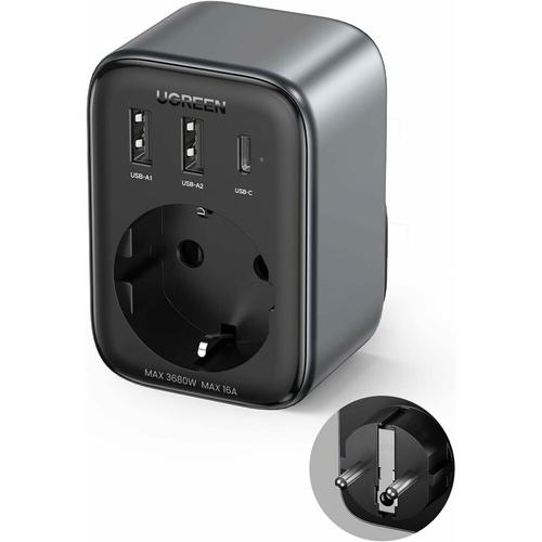 Extender priza Ugreen, 220V AC, 3680W, Quick Charger, 2x USB-A, 1x USB-C 30W, Negru 1 Extender priza Ugreen, 220V AC, 3680W, Quick Charger, 2x USB-A, 1x USB-C 30W, Negru