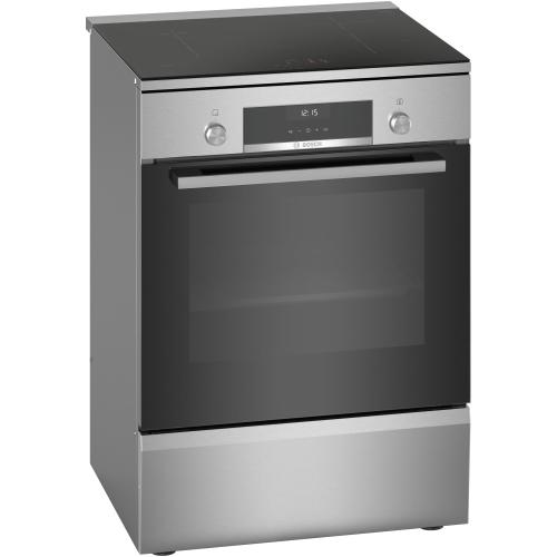 Aragaz Bosch HLS59D351, Electric, Plita inductie, 4 zone gatit, Control electronic, Cuptor electric, 66 L, Grill, Autocuratare EcolClean + hidrolitica, 3D Hotair, 2 suporti telescopici, sertar depozitare, Timer, 60 cm (Inox)