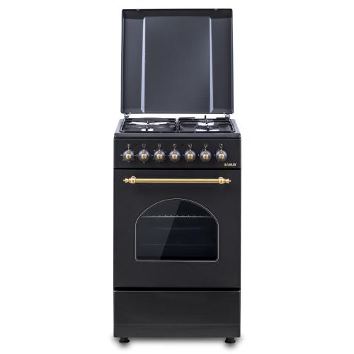 Aragaz Rustic SAMUS SR550EL3B1, Gaz+Electric, Aprindere electrica, 3 arzatoare gaz + 1 electric, Cuptor electric 48 l, 3 functii, Timer mecanic (Negru)