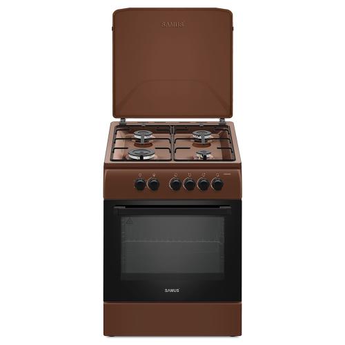 Aragaz SAMUS SM664MBS, Gaz, 4 arzatoare, Timer, Siguranta plita+cuptor, Montat pentru utilizare GPL (Maro)