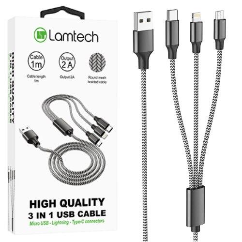 Cablu Date si Incarcare Lamtech, 3in1, USB la Type-C/Lightning/Micro USB, Invelis metalic, 2A, 1m, Negru 1 Cablu Date si Incarcare Lamtech, 3in1, USB la Type-C/Lightning/Micro USB, Invelis metalic, 2A, 1m, Negru