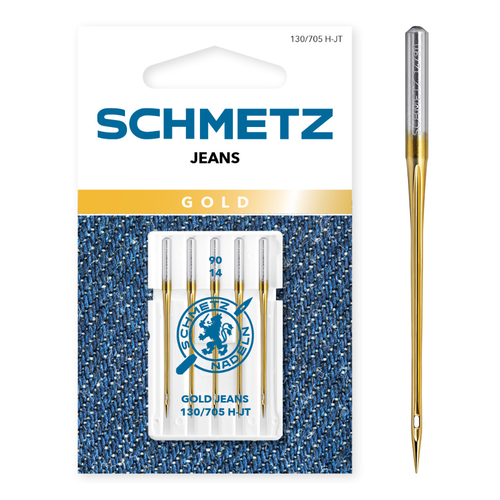 Set 5 ace de cusut, Gold Jeans, finete 90, Schmetz 130/705 H-JT VDS 1 Set 5 ace de cusut, Gold Jeans, finete 90, Schmetz 130/705 H-JT VDS