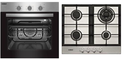 Pachet Samus V7 Cuptor incorporabil Samus SC616GTXV, Electric, 56 L, 5 functii + Plita incorporabila Samus PSG-64SX2, Gaz, 4 arzatoare, Arzator Wok, Aprindere electrica (Negru/Inox)