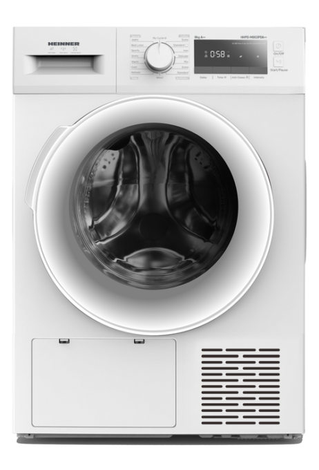 Uscator de rufe cu pompa de caldura Heinner HHPD-M8G3PDA++, 8 kg, Clasa A++, 16 programe, Display LED, Funtie Antisifonare, Start Intarziat (Alb)