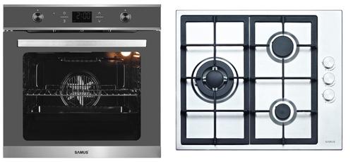 Pachet Samus V5 Cuptor incorporabil Samus SC626GDX9 GRAY, Electric, 75 L, Ventilator cu aer cald, 9 functii de preparare + Plita incorporabila Samus PSG-63SX1, Gaz, 3 arzatoare, Arzator Wok, Aprindere electrica (Inox)