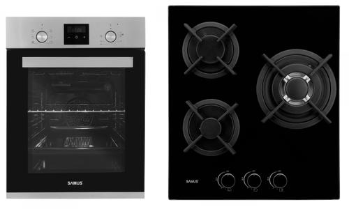 Pachet Samus 45-XB3 Cuptor incorporabil Samus SCE458GTXV, 1900 W, 43 l, 6 functii, Clasa A, Grill, Timer, Ventilator + Plita incorporabila Samus PSG-43SG1, 3 arzatoare pe gaz, panou de control, Sticla (Negru)