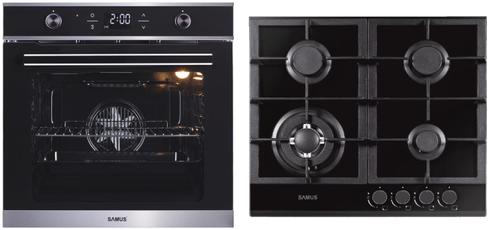 Pachet Sasmus B11 Cuptor incorporabil Samus SC626GDX9, Electric, 75 L, 9 functii + Plita incorporabila Samus PSG-64SG1, Gaz, 4 arzatoare, Arzator WOK, Aprindere electrica (Negru/Inox)