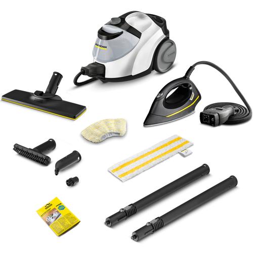 Aparat de curatat cu abur multifunctional Karcher SC 5 EasyFix Iron EU, 1.512-661.0, 2250 W, 4.2Bar, 1,5 L, incalzire 3 min, contine laveta universala EasyFix Alb, pudra detartranta, Fier de calcat sub presiune EasyFinish,(Alb/Negru)