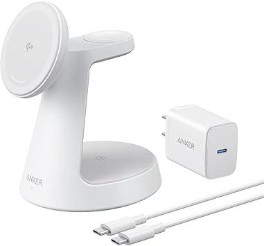 Incarcator wireless magnetic Anker MagGo 3-in-1 MagSafe Qi2 15 W, incarcator si cablu inclus (Alb)