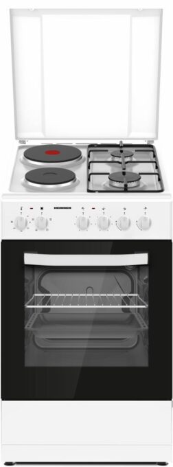Aragaz mixt HEINNER HFSC-S56E2HSWH, 2 arzatoare gaz + 2 plite electrice, Aprindere electrica arzatoare, Cuptor electric, Clasa A, Grill, 50x60 cm (Alb)