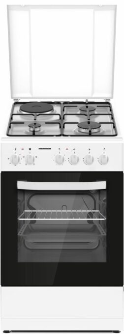 Aragaz mixt HEINNER HFSC-S56E1HSWH, 3 arzatoare gaz + 1 plita electrica, Aprindere electrica arzatoare, Cuptor electric, Clasa A, Grill, 50x60 cm (Alb)