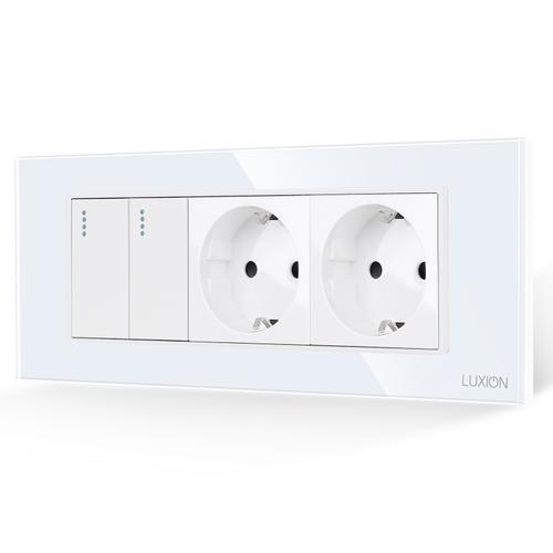 Intrerupator Dublu + 2 Prize cu Rama din Sticla LUXION, Standard Italian, 6M (Alb) 1 Intrerupator Dublu + 2 Prize cu Rama din Sticla LUXION, Standard Italian, 6M (Alb)