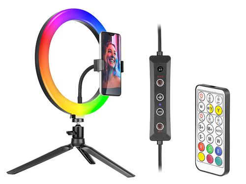 Lampa circulara cu trepied Tracer RGB LED TRAOSW46807 Ring Light 26cm, 153 LED-uri, 18 culori (Negru)