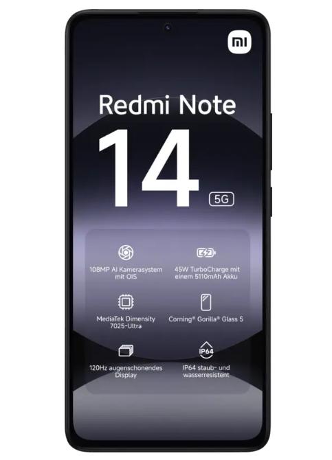 Telefon Mobil Xiaomi Redmi Note 14 5G, Procesor Mediatek Dimensity 7025 Ultra Octa-Core, AMOLED 6.67inch, 6GB RAM, 128GB Flash, Camera Tripla 108+8+2 MP, Wi-Fi, 5G, Dual Sim, Android (Negru)