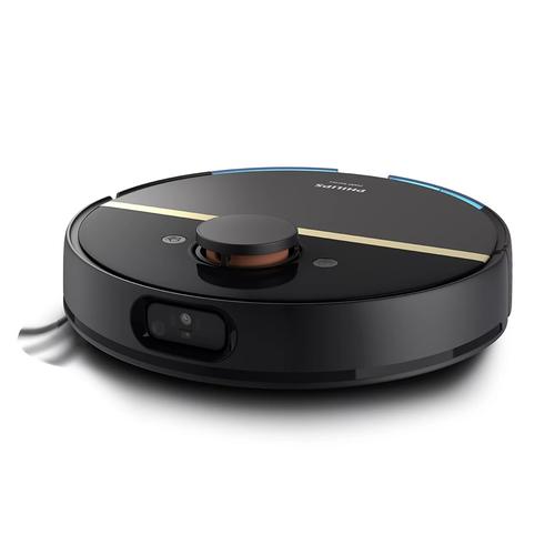 Robot de aspirare Philips Seria 7000 Aqua XU7000/01, aspirator si mop, 5000 Pa, 5200 mAh, autonomie pana la 180 de min, 6 senzori, sac de praf 3L, 5 harti, 4 niveluri: ECO, normal, ridicat, Max, filtru EPA11 lavabil, aplicatie HomeRun (Negru/Auriu)