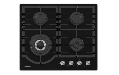 Plita incorporabila HEINNER HBH-M447IWFGBK, Gaz, 4 arzatoare, Wok, Aprindere electrica, Sticla (Negru)