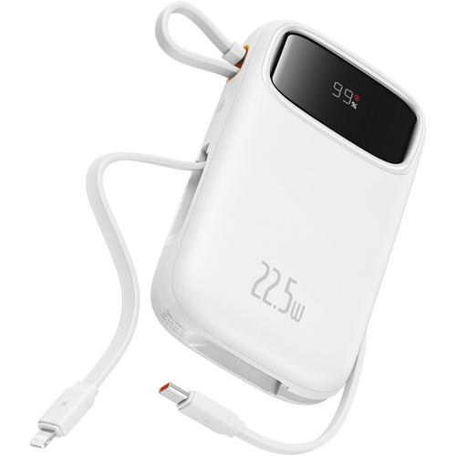 Baterie externa Baseus Qpow2, 20000 mAh, 1x USB, 2x USB-C, 22.5 W, Display, Cablu USB-C & Lightning integrat (Alb)
