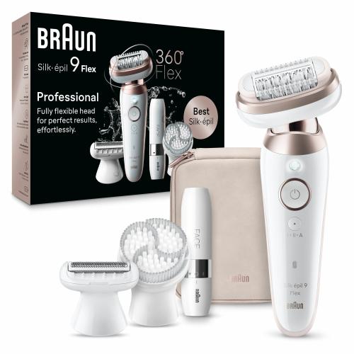 Epilator Braun Silk-epil 9 Flex 9-360, Wet & Dry, Smart Touch, 40 de pensete, 2 viteze, Mini aparat pentru indepartare par facial (Alb/Roz)