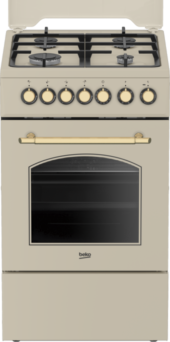 Aragaz rustic mixt Beko FSE52135DCRSN, Gaz+Electric, 4 arzatoare, Aprindere electrica, Booster, Cuptore electric cu 6 functii, Grill, Rotisor, Iluminare, Timer (Crem)