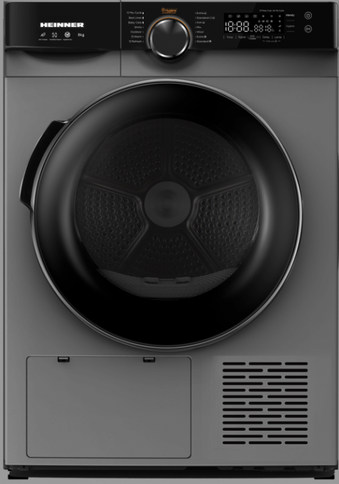 Uscator de rufe cu pompa de caldura Heinner HHPD-M8K3SA++, 8 kg, Clasa A++, 14 programe, Display LED, Functie Antisifonare, Start Intarziat (Argintiu)