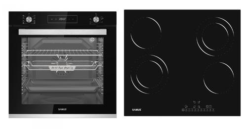 Pachet Samus ONL31 Cuptor incorporabil Samus SCE828GCF3D, 80 l, 2500 W, 8 functii, Clasa A, Gatire 3D, Grill, Ventilator, Timer digital + Plita incorporabila Samus PSVE-64BG3, Vitroceramica, 5800 W, 4 Zone de gatit (Negru)