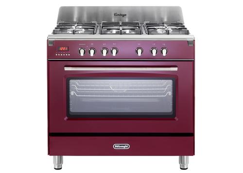 Aragaz profesional DELONGHI MEM 965 RX ED RO, 5 arzatoare, Gaz + Electric, L 90 cm, Grill (Rosu)