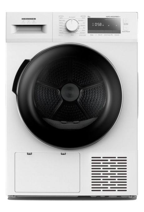 Uscator de rufe HEINNER HHPD-M9G5PBKD++, Pompa de caldura, 9 kg, Clasa D, 16 programe, Display LED, Lumina cuva (Alb)