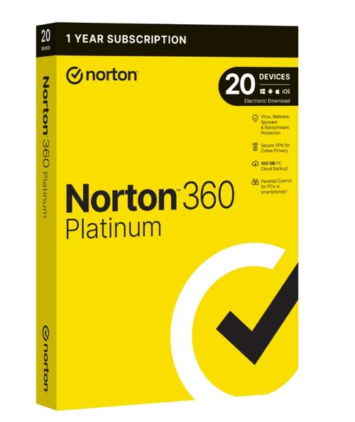 Antivirus Norton 360 Platinum, Backup 100GB, 1 An, 20 Dispozitive, 1 Utilizator 1 Antivirus Norton 360 Platinum, Backup 100GB, 1 An, 20 Dispozitive, 1 Utilizator