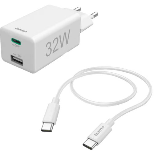 Incarcator retea HAMA 201692, 1xUSB, 1x USB-C, Quick Charge 3.0, 32W, Cablu USB-C (Alb)