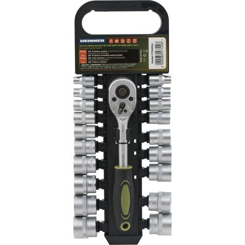 Set 20 piese Heinner CR-V, 3/8inch, 19 chei tubulare 6-24 mm dimensiune, cheie cu clichet reversibila 3/8inch