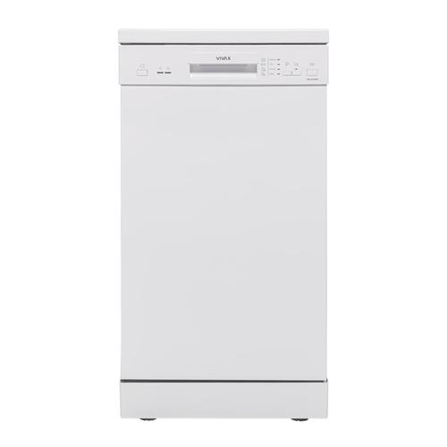Masina de spalat vase slim VIVAX DW-45942B, 9 Seturi, 4 Programe, Clasa E, Eco, Doua cosuri, Spalare 360°, Intensiv, Quick Wash, Half load, Control electronic cu iluminare LED, Avertizare sare, Protectie overflow, 45cm (Alb)