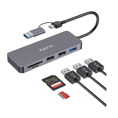 Hub USB-C multiplu 5 in 1 HAVIT HV-H41, 3 USB A, 2 SD card slot, 110 x 40 x 12 mm, Viteza transfer date 5 Gbps (Gri)