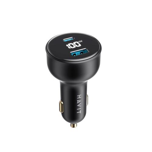 Incarcator auto cu Display Digital HAVIT CC100W, 1 USB-A, 1 USB-C, 100W (Negru)