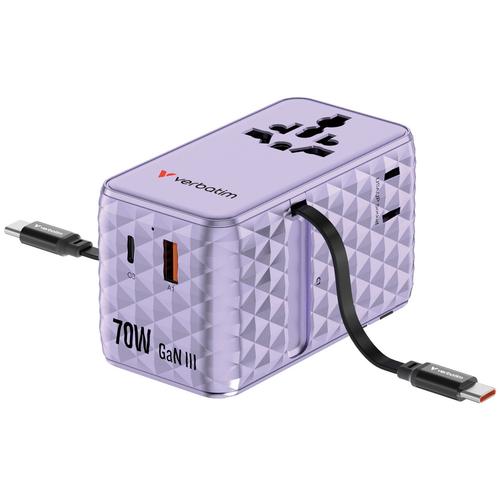 Incarcator retea Verbatim Charge 'n' Travel GaN, 70 W, 2 cabluri retractabile, 3 x USB-C, USB-A (Violet)