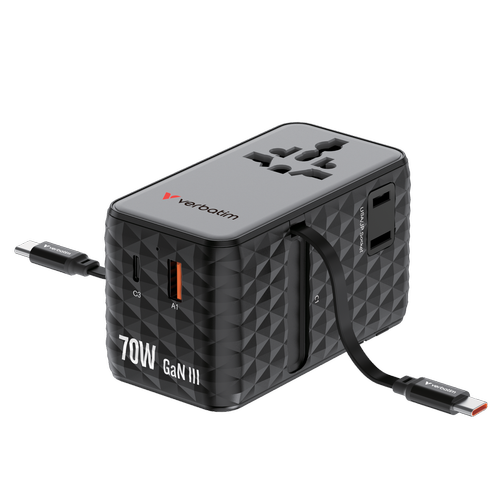 Incarcator retea Verbatim Charge 'n' Travel GaN, 70 W, 2 cabluri retractabile, 3 x USB-C, USB-A (Negru)