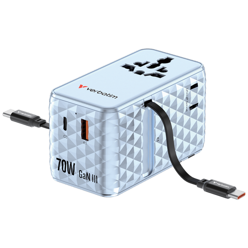 Incarcator retea Verbatim Charge 'n' Travel GaN, 70 W, 2 cabluri retractabile, 3 x USB-C, USB-A (Albastru)