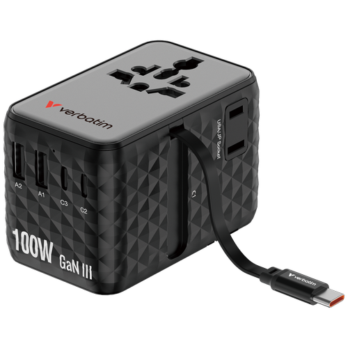Incarcator retea Verbatim Charge 'n' Travel GaN III 30191, 100 W, 2 x USB-C, 2 x USB-A, Cablu retractabil USB-C, 2x AC (Negru)