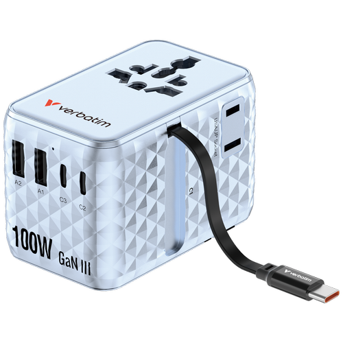 Incarcator retea Verbatim Charge 'n' Travel GaN III 30192, 100 W, 2 x USB-C, 2 x USB-A, Cablu retractabil USB-C, 2x AC (Albastru)
